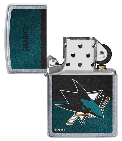 NHL® San Jose Sharks Street Chrome™ Windproof Lighter with its lid open and unlit