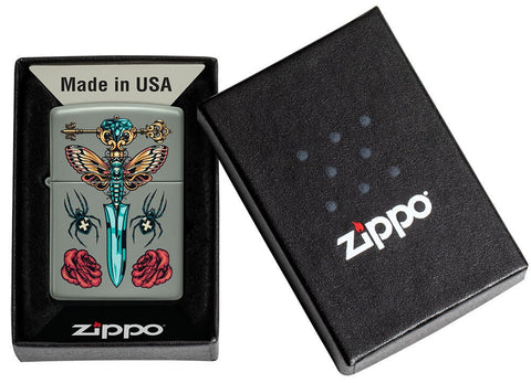 Front shot of Zippo Gothic Dagger Design Sage Pocket Lighter.