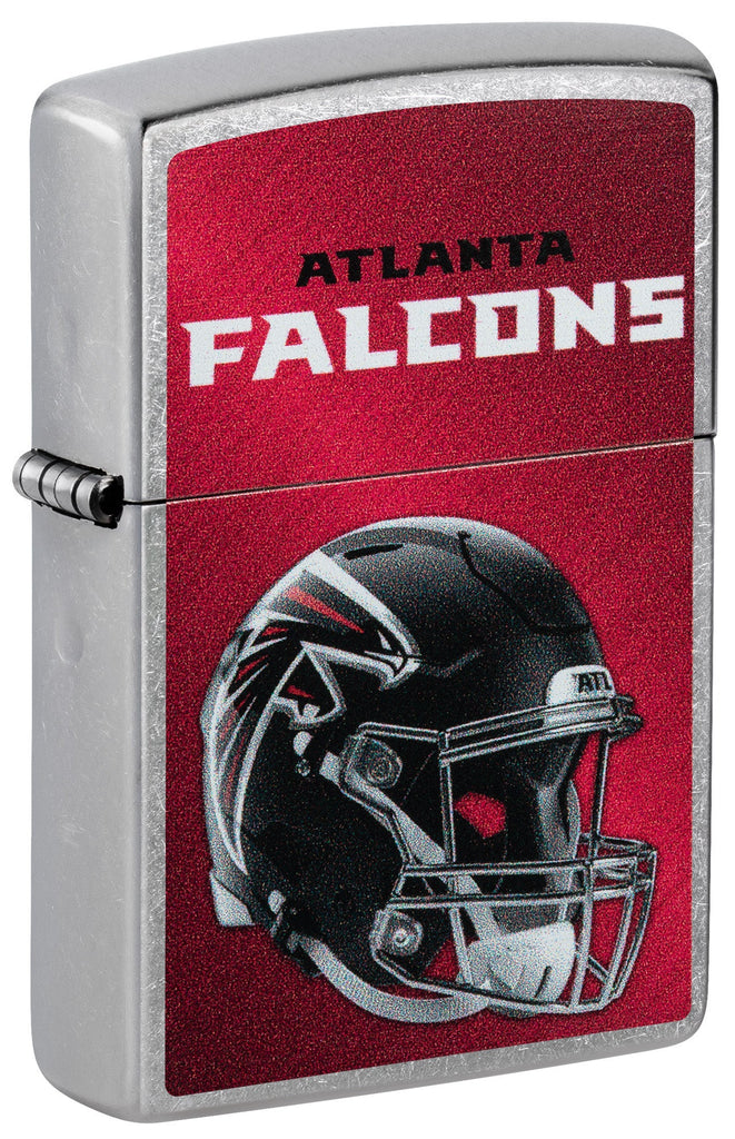 Front shot of NFL Atlanta Falcons Helmet Street Chrome Windproof Lighter standing at a 3/4 angle.