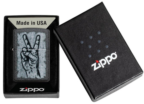 Graffiti Peace Design Iron Stone Windproof Lighter in its packaging