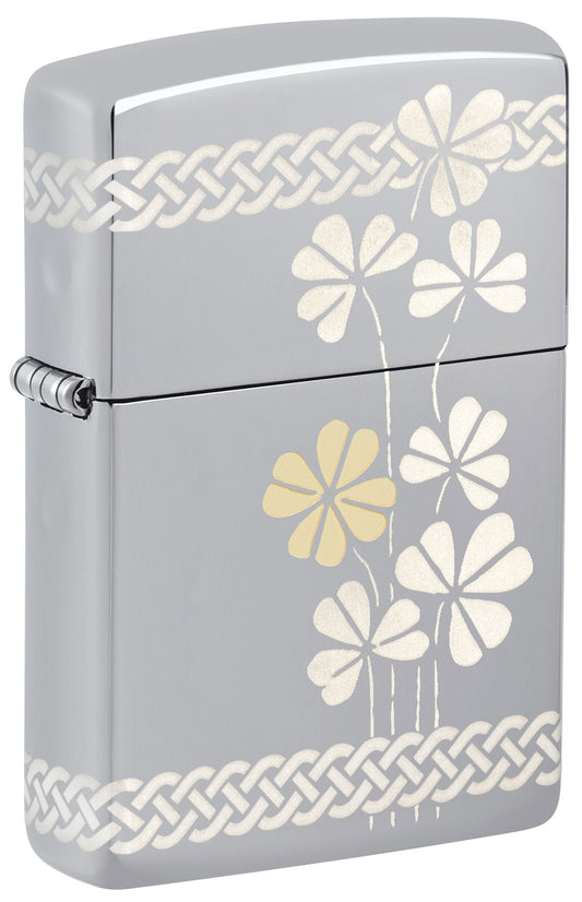 Front shot of Zippo Laser 360Â° Clover Design High Polish Chrome Pocket Lighter standing at a 3/4 angle.