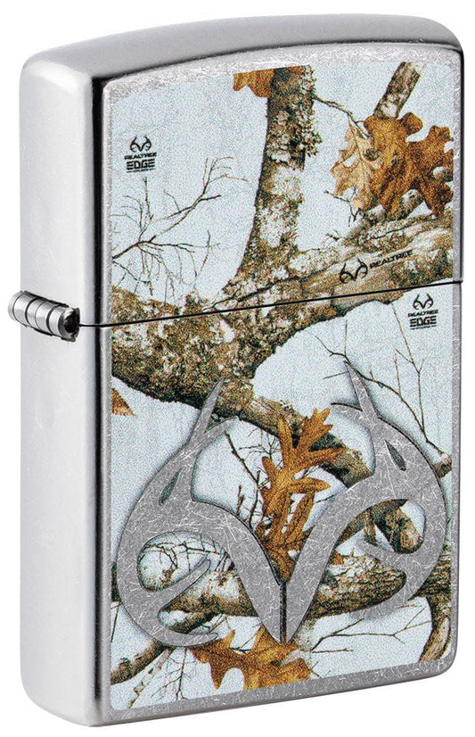 Front shot of RealtreeÂ® Camo Logo Street Chromeâ„¢ Windproof Lighter standing at a 3/4 angle.
