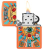 Zippo Eye of Pizza Orange Matte Windproof Lighter with its lid open and lit.