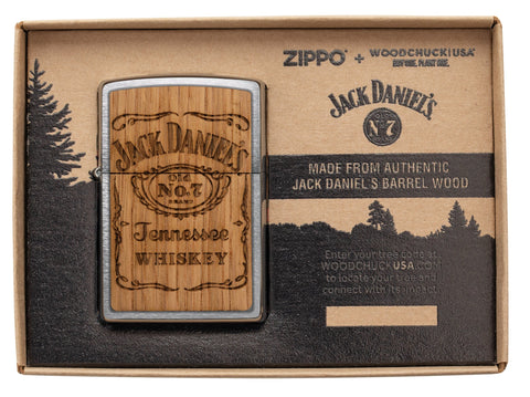 Zippo Jack Daniel's Woodchuck USA Brushed Chrome Windproof Lighter in its packaging.