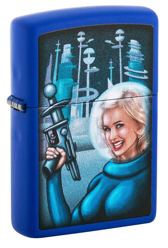 Front shot of Retro Futuristic Royal Blue Matte Windproof Lighter standing at a 3/4 angle