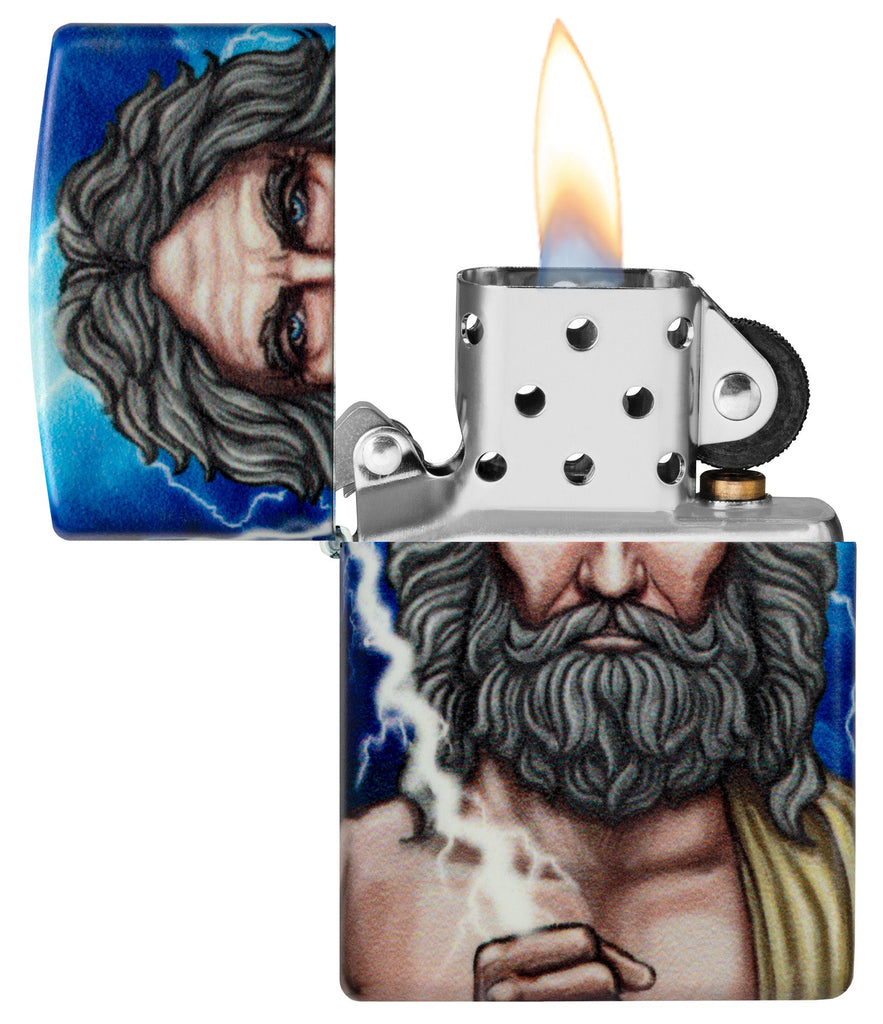 Greek God Clash Design Glow in the Dark 540 Color Windproof Lighter with its lid open and lit.