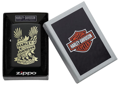 Harley-DavidsonÂ® Eagle Black Matte Windproof Lighter in its packaging.