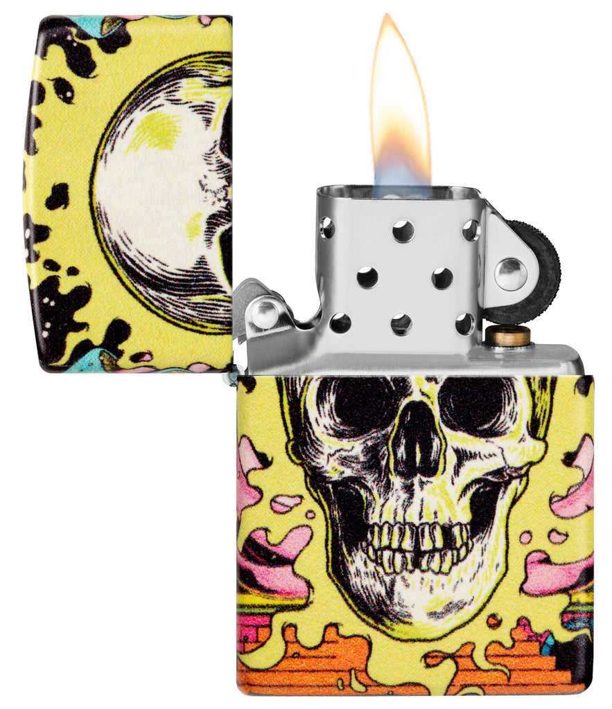 Zippo Trippy Skull Design Glow in the Dark 540 Color Windproof Lighter with its lid open and lit.