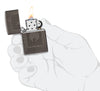 Zippo Flame Pattern Design Armor Black Ice Windproof Lighter  lit in hand.