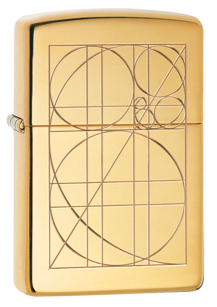 Front view of Golden Ratio Armor® High Polish Brass Windproof Lighter standing at a 3/4 angle
