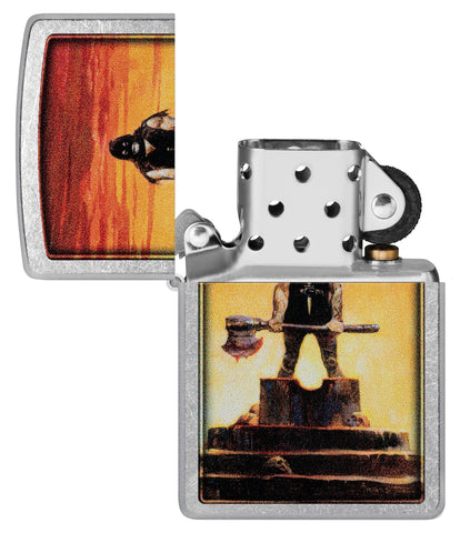 Zippo Frank Frazetta Executioner Street Chrome Executioner with its lid open and unlit.