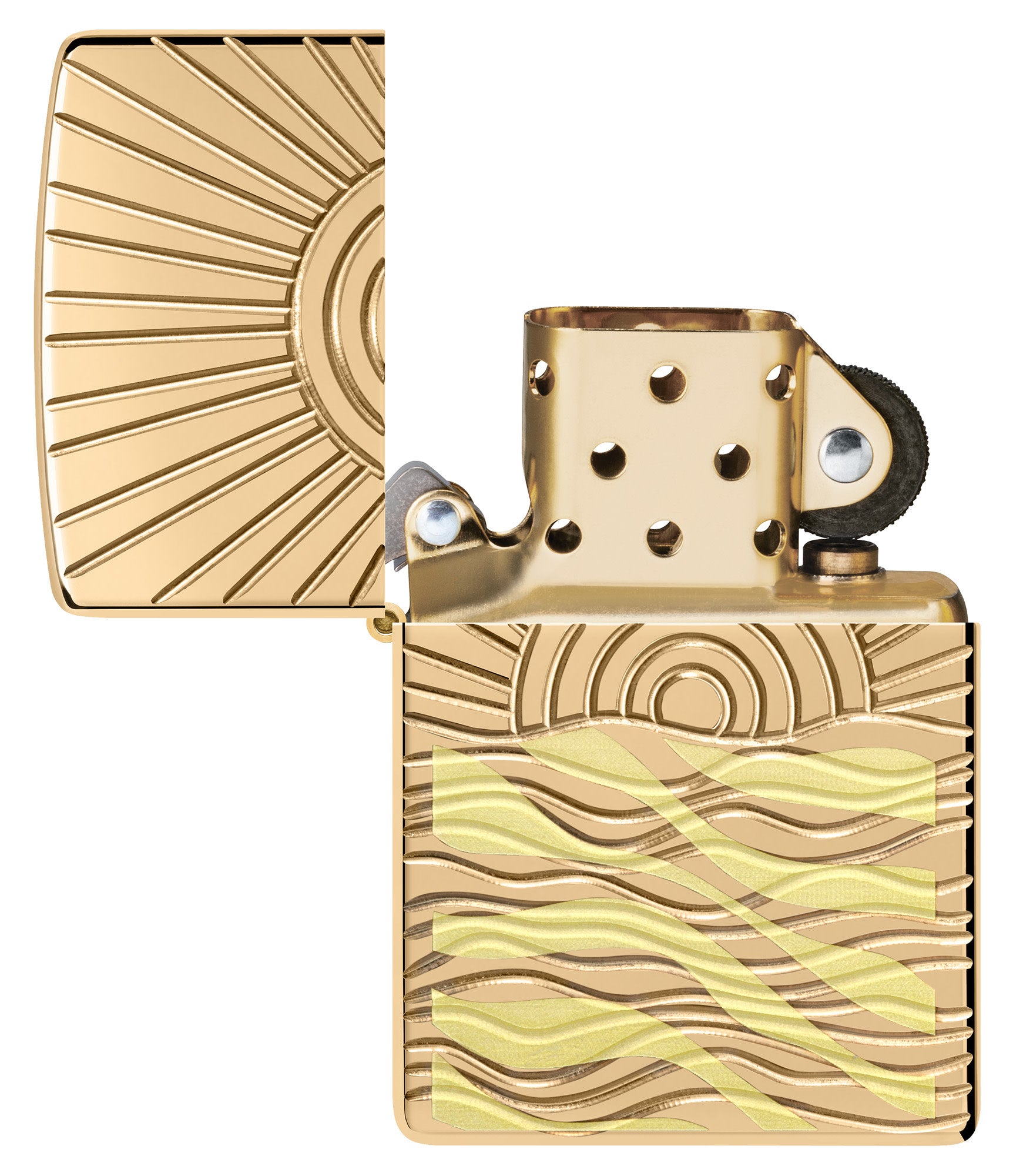 SunBeam Pendant ArmorÂ® High Polish Brass Windproof Lighter with its lid open and unlit.