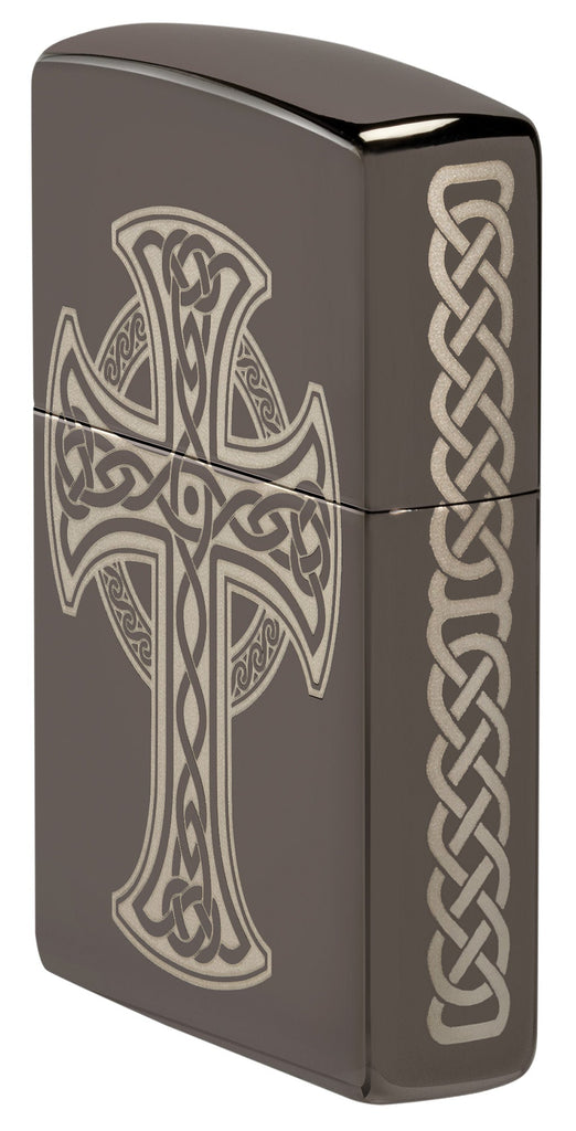 Angled shot of Zippo Laser Engraved Celtic Cross Design Black Ice Windproof Lighter showing the front and right side of the lighter.