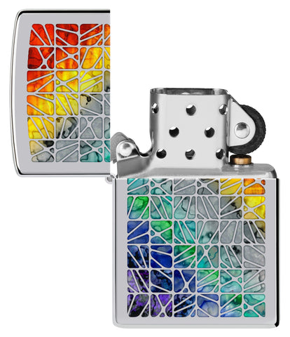 Fusion Pattern Design High Polish Chrome Windproof Lighter with its lid open and unlit.