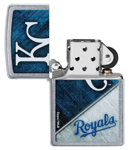 MLB™ Kansas City Royals™ Street Chrome™ Windproof Lighter with its lid open and unlit.