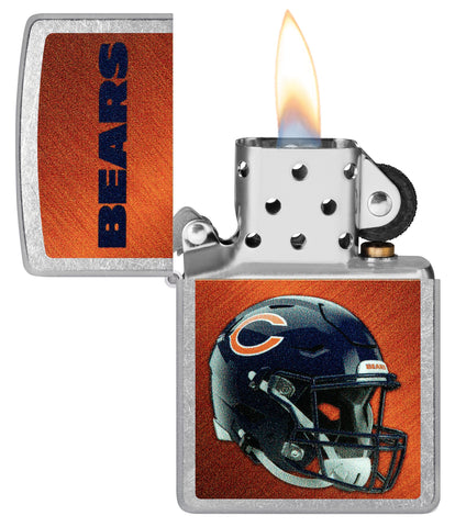 NFL Chicago Bears Helmet Street Chrome Windproof Lighter with its lid open and lit.