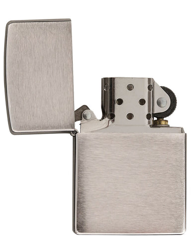 Armor® Brushed Chrome Windproof Lighter with its lid open and unlit.