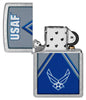 Zippo U.S. Air Force Design Street Chrome Windproof Lighter with its lid open and unlit.