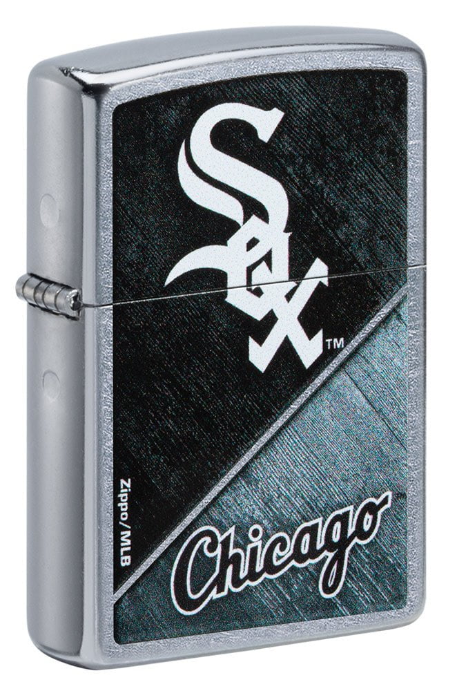 Front shot of MLB™ Chicago White Sox™ Street Chrome™ Windproof Lighter standing at a 3/4 angle.