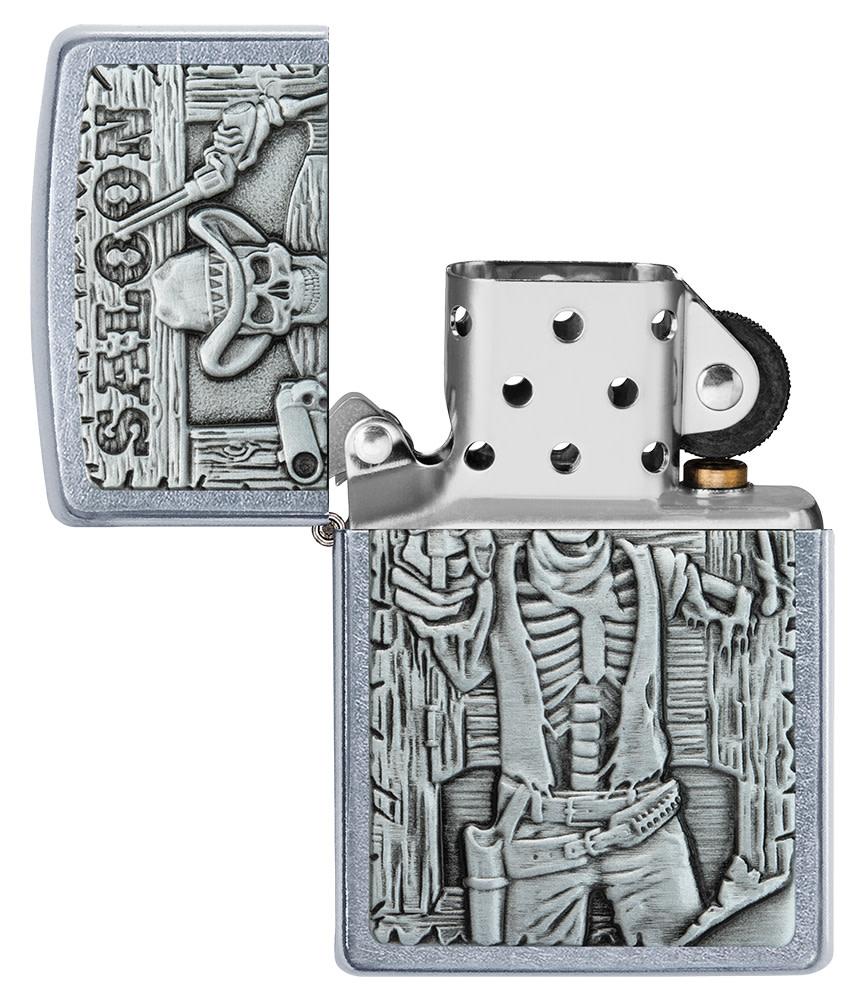 Saloon Skull Emblem Street Chrome™ Windproof Lighter with its lid open and unlit