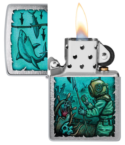 Zippo Shark Nautical Design Brushed Chrome Windproof Lighter with its lid open and lit.