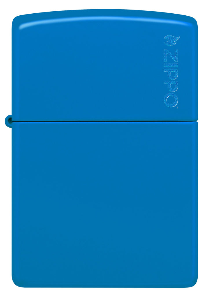 Front view of Zippo Sky Blue Matte Zippo Logo Classic Windproof Lighter.