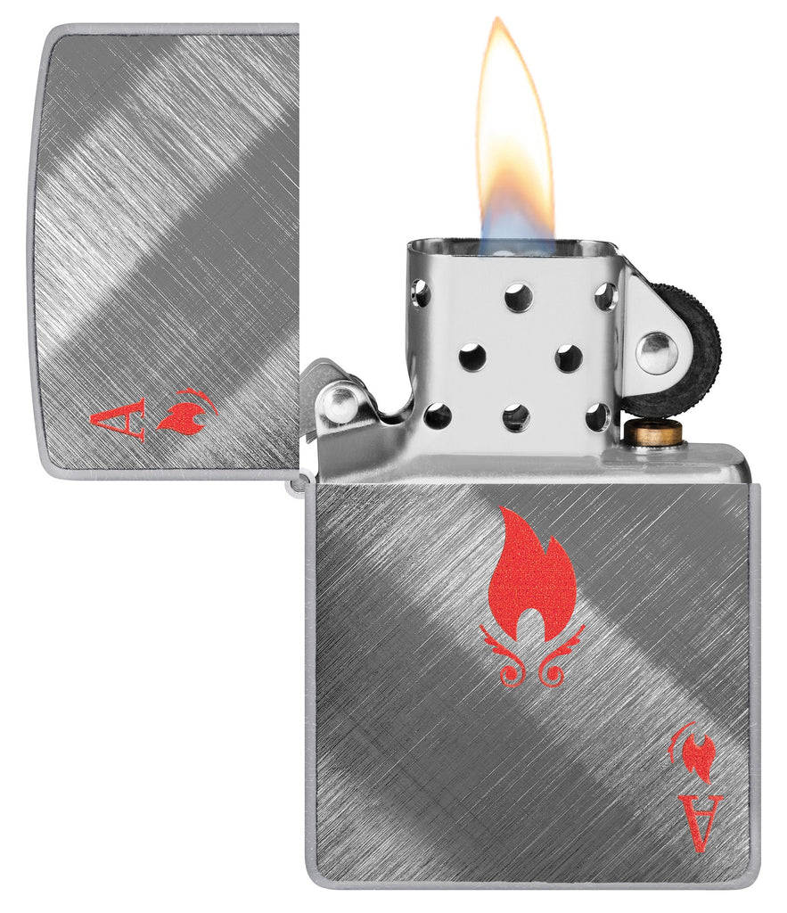 Flame Ace Design Diagonal Weave Windproof Lighter with its lid open and lit.