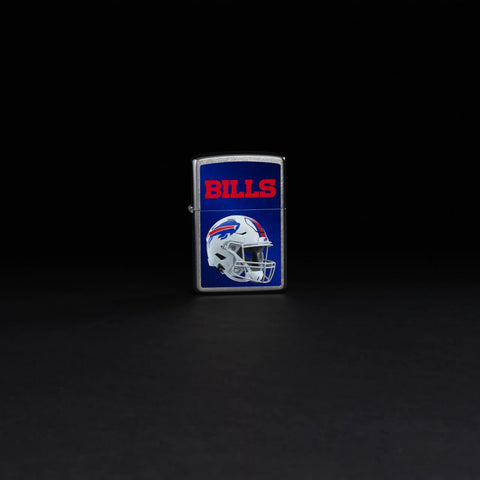 Lifestyle image of NFL Buffalo Bills Helmet Street Chrome Windproof Lighter stamding in a black background.