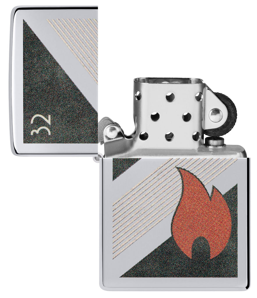Zippo Zippo 32 Flame Design Vintage High Polish Chrome Windproof Lighter with its lid open and unlit.