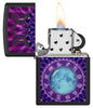 Glowing Zodiac Design Black Light Black Matte Windproof Lighter with its lid open and lit.