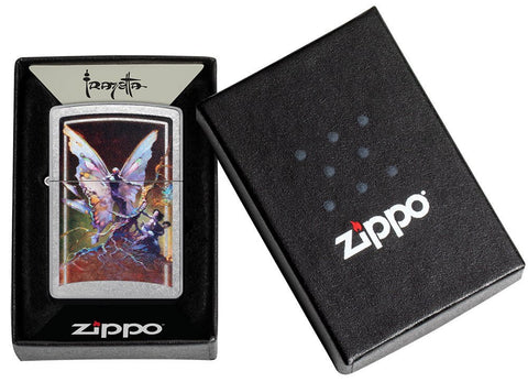 Frank Frazetta Mythical Fairy Street Chrome Windproof Lighter in its packaging.