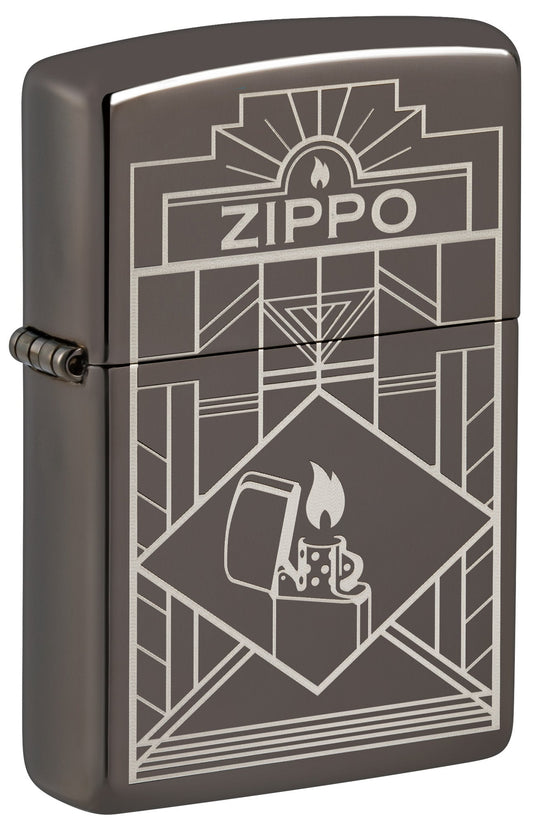 Front shot of Zippo Art Deco Design Black IceÂ® Windproof Lighter standing at a 3/4 angle