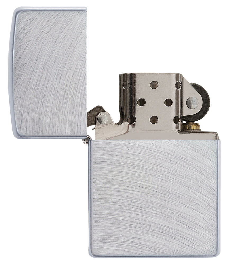 Classic Chrome Arch Windproof Lighter with its lid open and unlit.