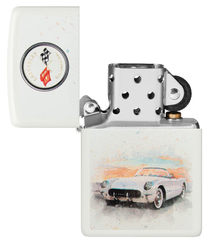 Chevy Vintage Corvette White Matte Windproof Lighter with its lid open and unlit.