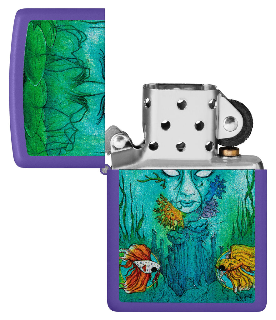 Zippo Sean Dietrich Brackish Design Purple Matte Windproof Lighter with its lid open and unlit.