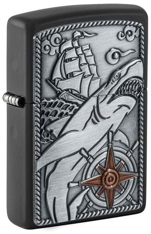 Front shot of Ship Shark Emblem Design Black Matte Windproof Lighter standing at a 3/4 angle.
