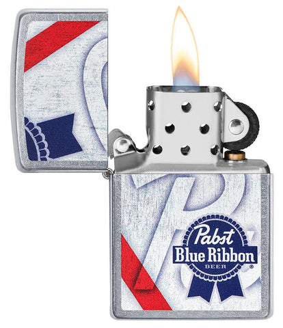 Pabst Blue Ribbon Street Chrome™ Windproof Lighter with its lid open and lit
