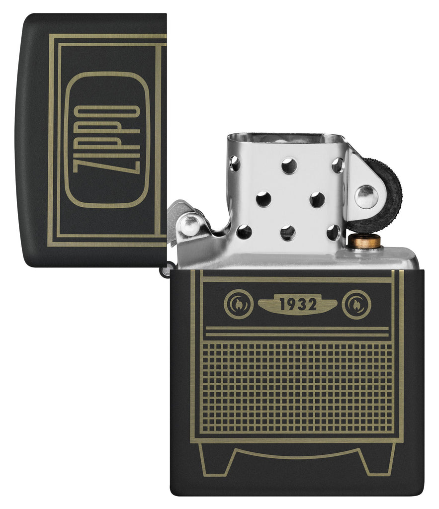 Zippo Vintage TV Design Black Matte Windproof Lighter with its lid open and unlit.