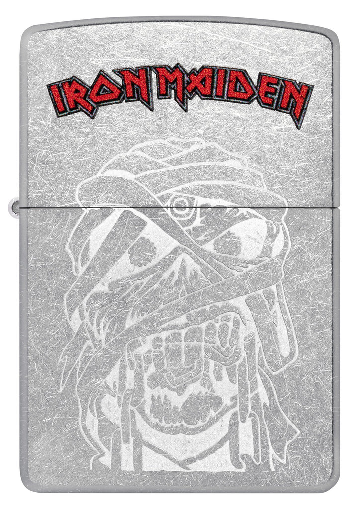 Front view of Zippo Iron Maiden Eddie Street Chrome Windproof Lighter.