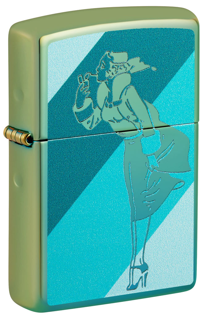Front shot of Windy Design High Polish Teal Windproof Lighter standing at a 3/4 angle.