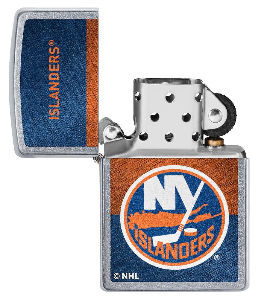 NHL® New York Islanders Street Chrome™ Windproof Lighter with its lid open and unlit