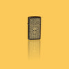Glamour shot of Zippo Skull Filigree Design Slim Black Matte Windproof Lighter standing in a yellow scene.