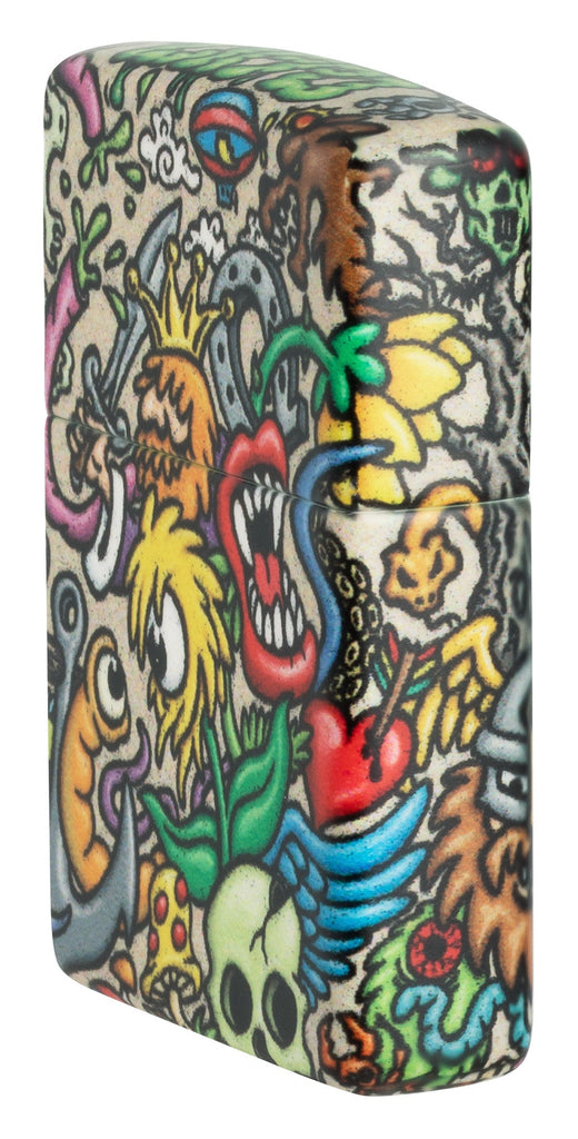Crazy Collage 540 Color Windproof Lighter standing at an angle, showing the front and right side of the lighter.