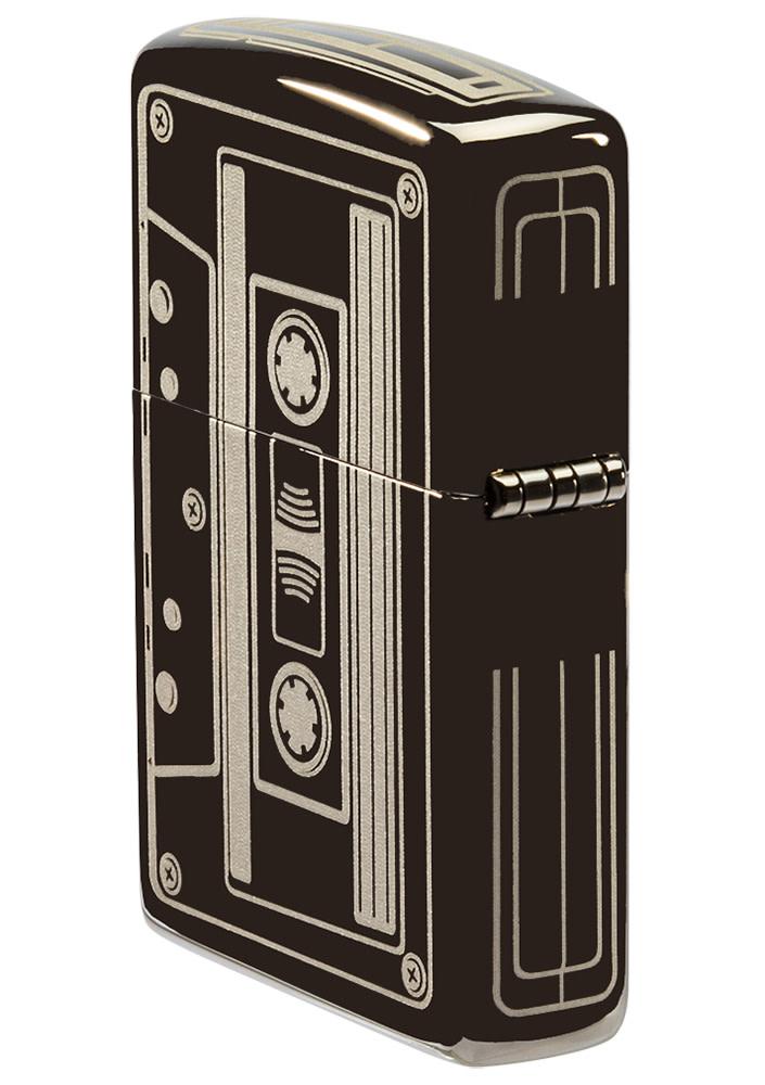 Back angle view of Cassette Tape Black IceÂ® Windproof Lighter, showing the hinge side