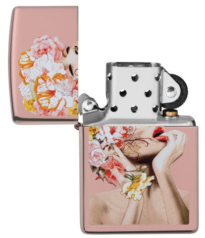 Floral Woman Design Rose Gold Windproof Lighter with its lid open and unlit