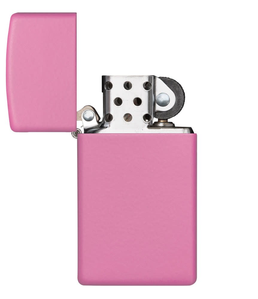 Front view of the Slim Case with Pink Matte Finish Lighter open and unlit.