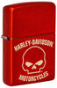 Front shot of Zippo Harley-Davidson Laser Skull Metallic Red Windproof Lighter standing at a 3/4 angle.
