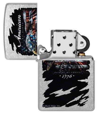 Zippo Buckwear Design Eagle Flag Street Chrome Windproof Lighter with its lid open and unlit.