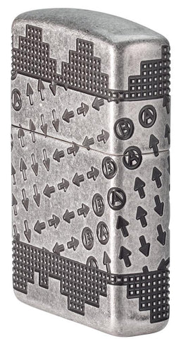Gaming Cheat Code Armor® Antique Silver Windproof Lighter standing at an angle, showing the front and right side of the lighter.