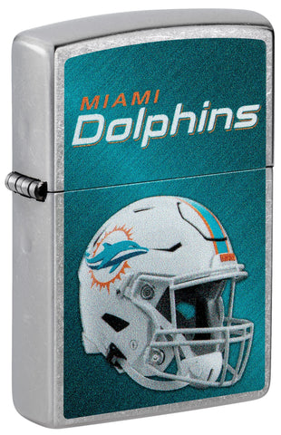 Front shot of NFL Miami Dolphins Helmet Street Chrome Windproof Lighter standing at a 3/4 angle.